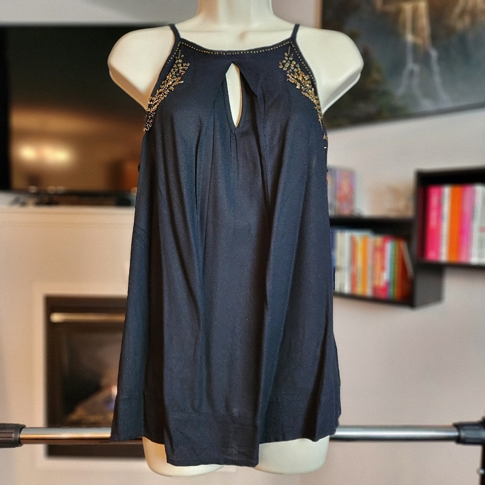 Le Chateau pleated high neck blouse with beads and sequins sz S